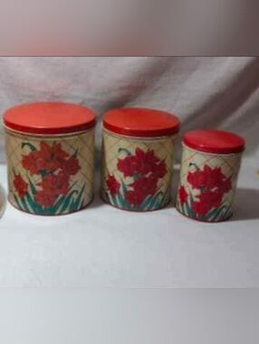 Vintage Floral Tin Canister Set - Red Flower Design